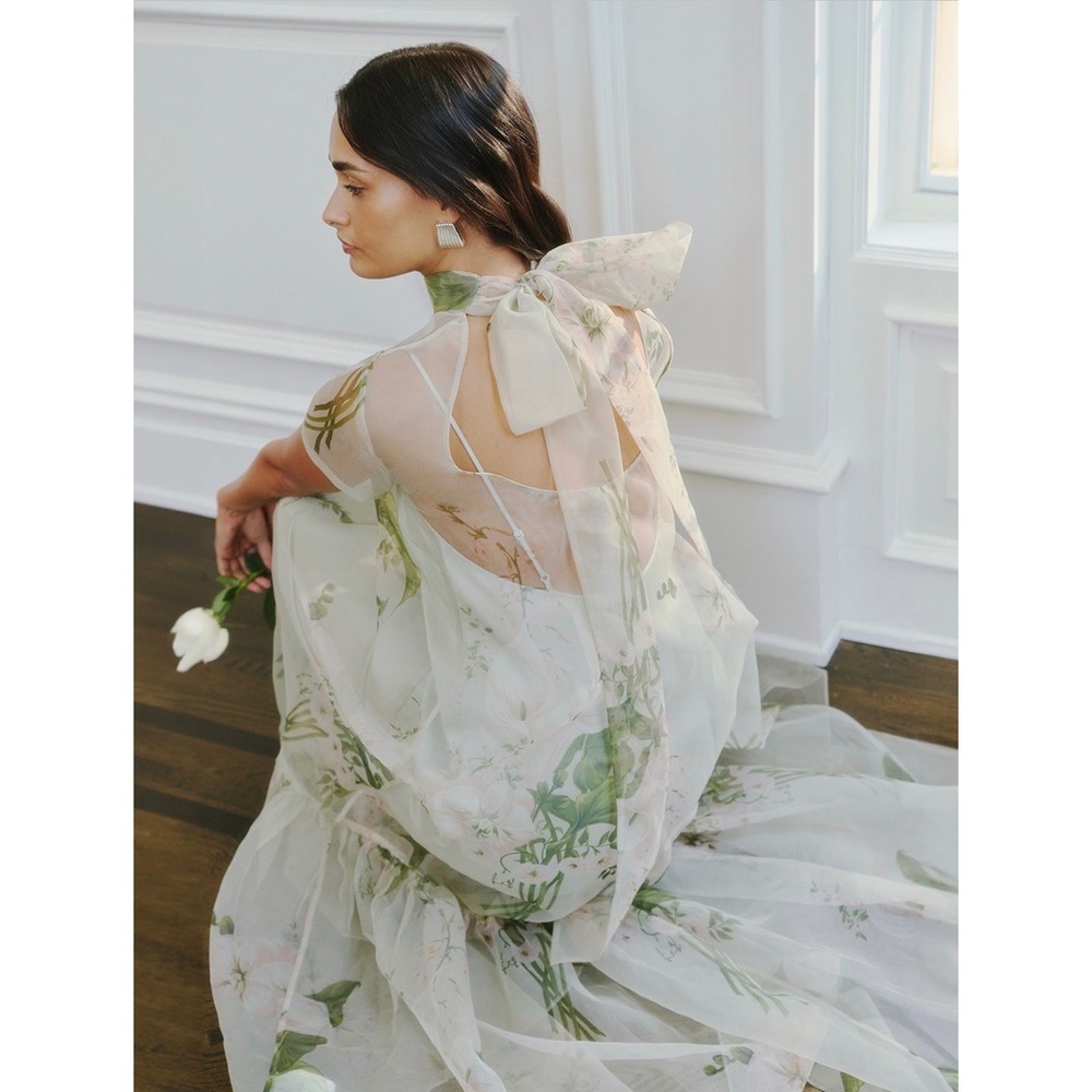 NWT CAARA Melody High Neck Organza Tie Neck Tiered Hem Dress - Size Large - Picture 3 of 14